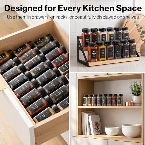 Glass Spice Jars Set with Labels & Black Lids - 24 x 4oz, Adjustable Opening