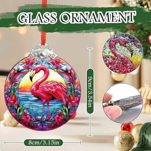 Flamingo Christmas Tree Ornaments - Stained Glass Hanging Art Decor for Window Home Elegant Round Ornament Small Sun Catcher Xmas for Bird Lover Women Gifts Exchange Idea