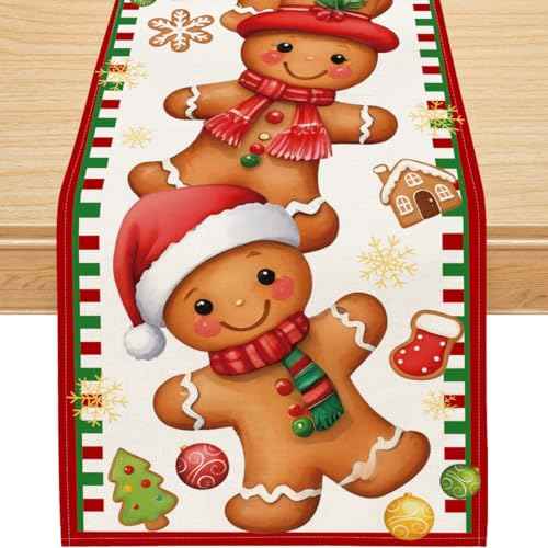 Christmas Table Runner, Xmas Funny Gingerbread Runner Seasonal Winter Merry Christmas New Year Holiday Home Party Decor Dining Table Decorations 13x72 Inch