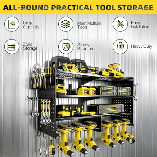 Black Power Tool Organizer Wall Mount 4-Tier Heavy Duty Storage Rack