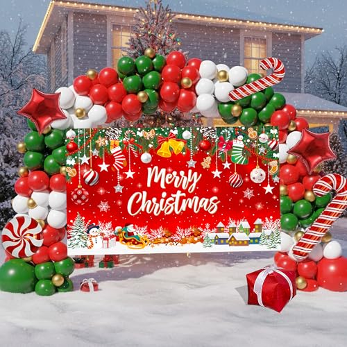 Christmas Balloon Arch Kit 162Pcs with Backdrop Banner - Red Green Gold White Candy Cane Balloons