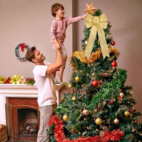 Glitter Christmas Bows Decor - 7.1x16.2 in Gold Bow Ornaments for Christmas Tree & Wreaths - Xmas Decorations for Home & Party