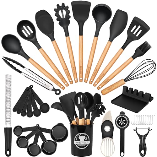 Black 39-Piece Silicone Kitchen Utensil Set with Wooden Handles, Heat-Resistant & BPA-Free