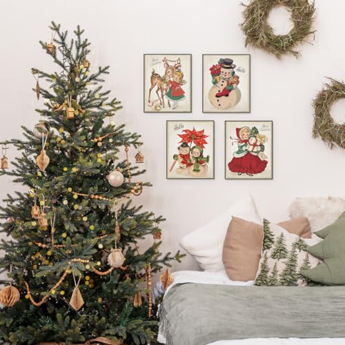 PLKMN Vintage Snowman Christmas Wall Art Print Set of 4, 8x10in Unframed