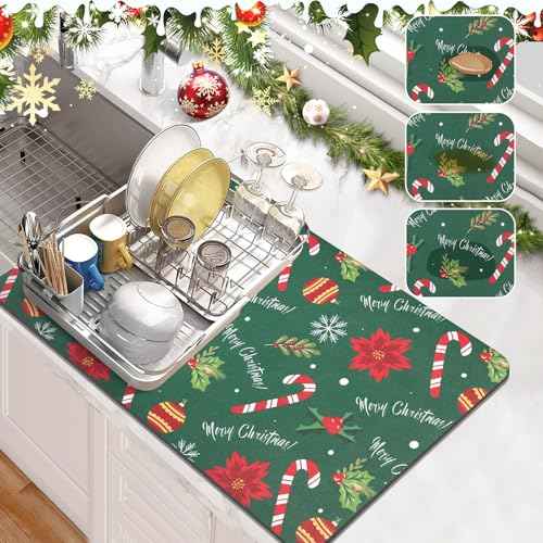 Findosom Christmas Dish Drying Mat, 12" x 20" Super Absorbent & Cuttable Dish Mat with Christmas Candy & Gift Pattern, Hide Stain Drying Mat for Kitchen Counter Coffee Maker Dining Room Decoration