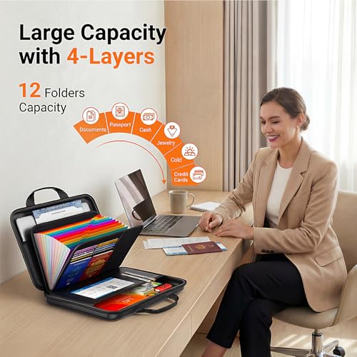 IPYIPY Black Fireproof Water-Resistant Document Organizer with Lock, 13-Pocket EVA File Box