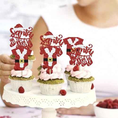 Rsstarxi 24 Pack Santa Baby Cupcake Toppers Glitter Merry Christmas Cupcake Picks Santa Baby Shower Cake Decoration for Gender Reveal Boys Girls Birthday Christmas Party Decorations