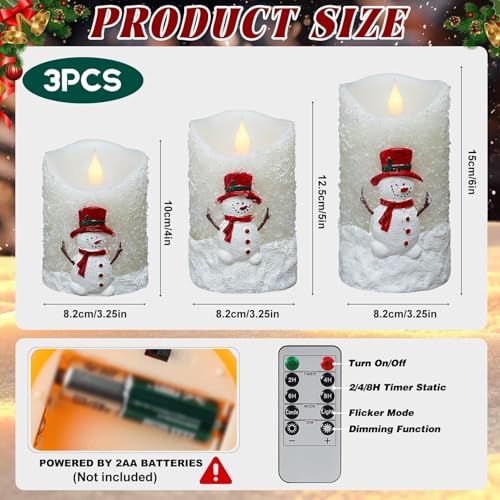 Snowman Flameless Candles with Remote & Timer - 3 Pcs Winter Battery