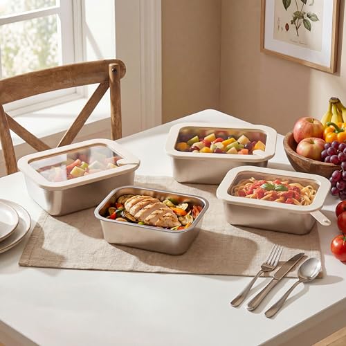 Urban Green 4-Pack Stainless Steel Food Containers with Glass Lids - Leakproof, Microwave Safe, BPA-Free, Silver-White Set
