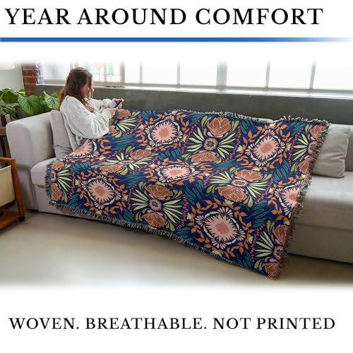 Pure Country Weavers Peony Medallion Navy Blanket, 72x54 - Made in USA, Woven Cotton