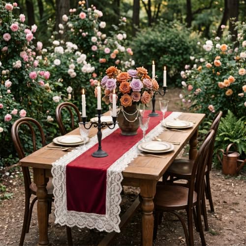 Flutesan Burgundy Velvet Lace Table Runner 20x70 Inch | Victoria Christmas Wedding Decor