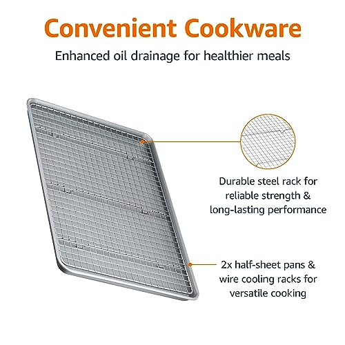 Amazon Basics Ceramic Nonstick Baking Sheets & Cooling Rack Set - Gray, Half Sheet Size, 2-Pack