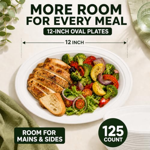 White 12-Inch Compostable Oval Plates - 125 Heavy Duty Paper Dinnerware