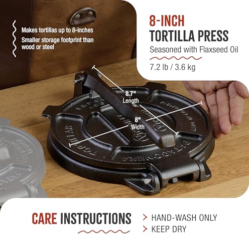 8-Inch Cast Iron Tortilla Press - Traditional Roti Maker & Tortilladora with Flaxseed Oil Seasoning