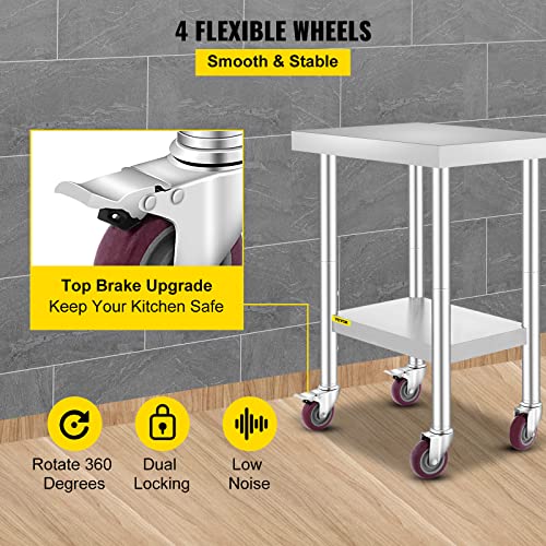 24x18x34 Inch Stainless Steel Work Table with Adjustable Shelf and Casters - Heavy Duty Kitchen Prep Station