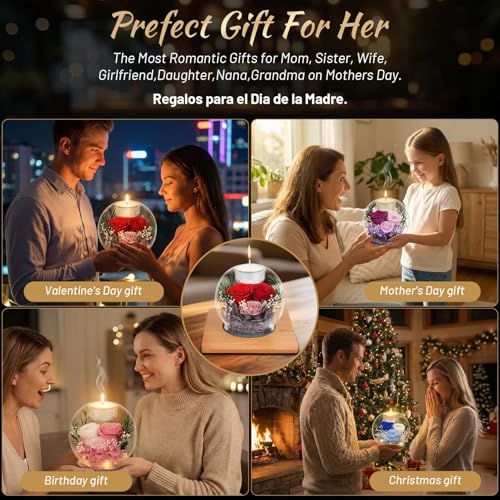 ENERLEAF Colorful Preserved Real Rose in Glass with Scented Candles – Forever Flower Gift