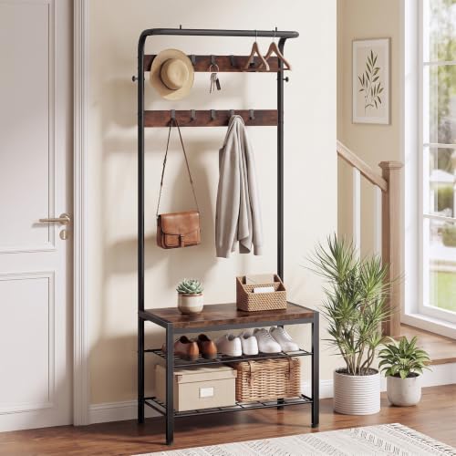 DUMOS 5-in-1 Hall Tree with Coat Rack Shoe Bench & 13.5x28.7x73 Dark Brown