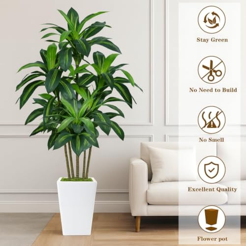 Artificial Dracaena Tree 7FT with White Tall Planter - Realistic Indoor Floor Plant - Variation: White 7ft
