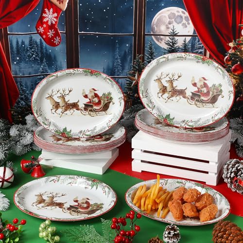 Santa on the Way 100 Pcs 9x11in Christmas Paper Plates Oval – 100 Count Bowl-Style Dinnerware