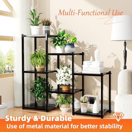 Heavy Duty 7-Tier Indoor Outdoor Metal Plant Stand - Tall Multi-Pot Rack, Black