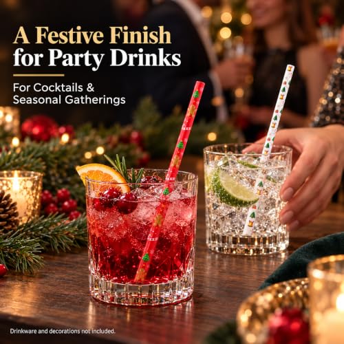 Christmas Reusable Plastic Drinking Straws - 30 Pack, 9 Inch Hard Straws with Designs
