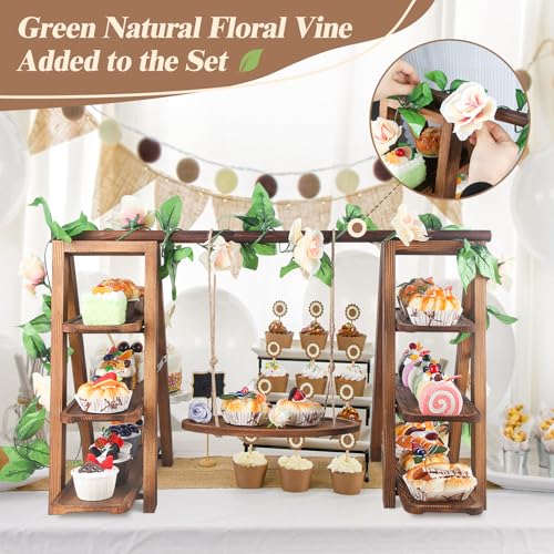 Wooden 3-Tier Cupcake Stand with Swing & Flower Decor - Brown