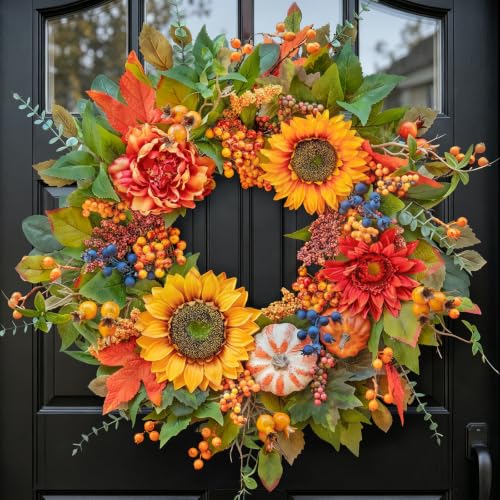 24 Inch Fall Wreath for Front Door with Sunflowers & Maple Leaves