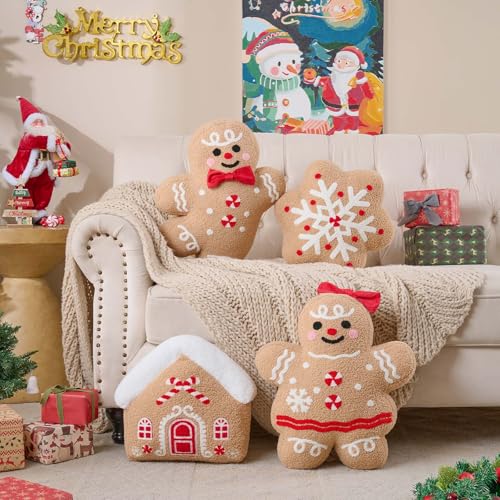 Lanpn Christmas Gingerbread Boy Pillow - Seasonal Decorative Throw Cushion, 15.2x18.3 inch, Soft Fleece, Xmas Home Decor, Variation 01 Boy