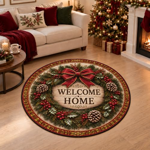 Christmas Wreath Round Rug 3.3 ft Circle Rug Xmas Entryway Carpet