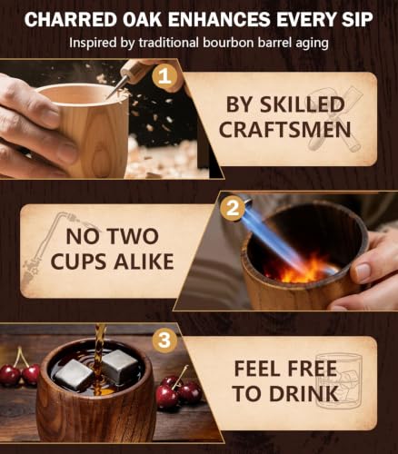 Classic Charred Wooden Whiskey Glass Set - 2 Pack & Accessories for Men