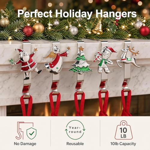 XENTUMI Colorful Set of 5 Reusable Christmas Stocking Holders for Mantle No-Damage Xmas Hooks