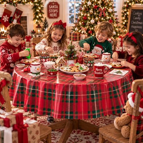 Jectivs 3-Pack 84 Inch Christmas Buffalo Checkered Plaid Disposable Tablecloths - Red & Green Holiday Party Supplies