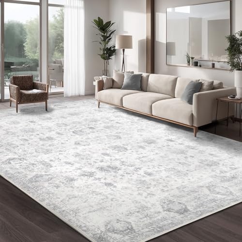 Grey Washable 8x10 Area Rug for Living Room - Modern Vintage Boho Style