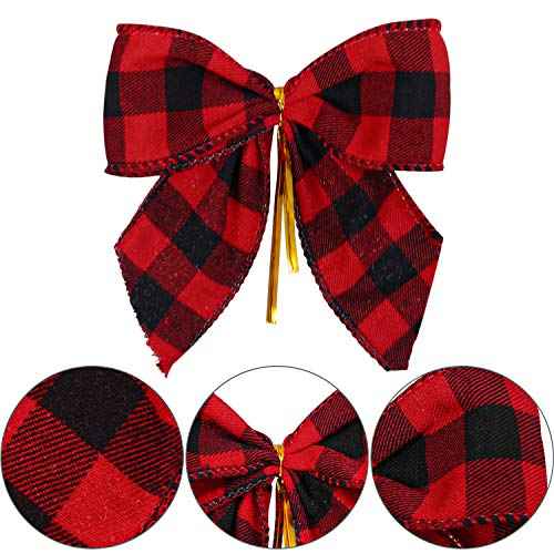 Aneco 16 Pieces Small Christmas Bows 5 x 4 Inches Red and Black Buffalo Plaid Bows Xmas Hanging Ribbon Bows for Christmas Tree Home Decor