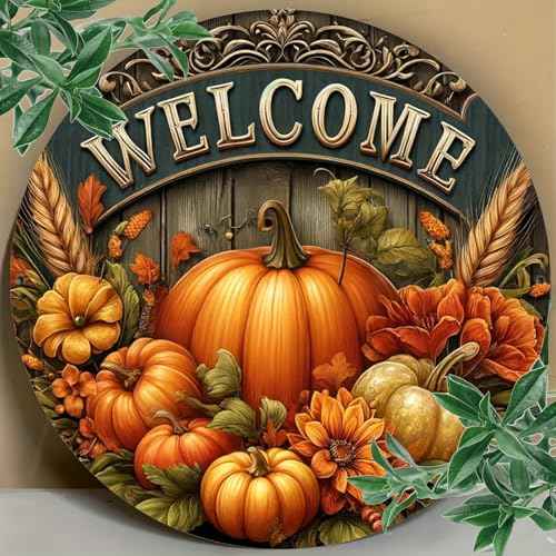H&W 2D Halloween Welcome Front Door Sign for Decor, 12inch Thanksgiving Day Wooden Welcome Decorative Sign Hanging, Porch Home Wall Outside Decor(A)