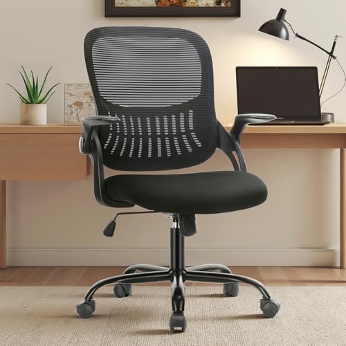 Sweetcrispy Black Mesh Executive Office Chair with Flip-Up Arms & Lumbar Support