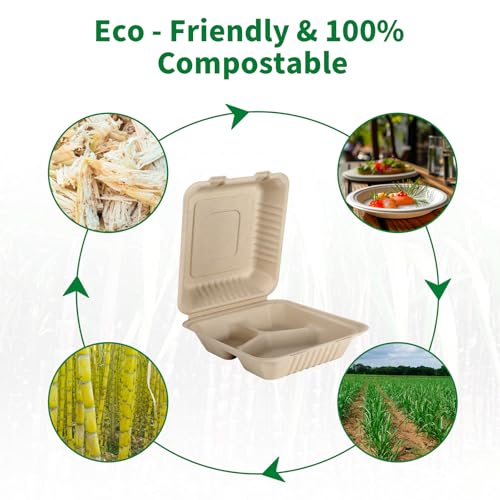 Aricsen 100 Pack 8x9 Inch Eco-Friendly 3-Compartment Takeout Food Containers