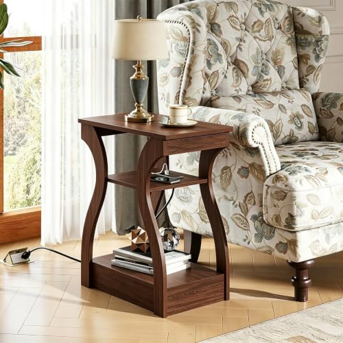 WLIVE End Tables Set of 2 with Charging Station - Cherry Finish