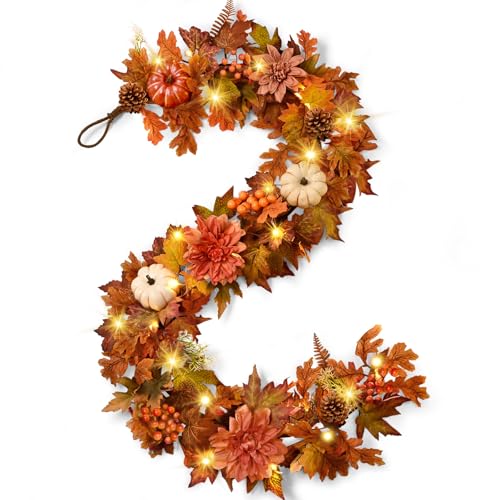 Orange 6FT Fall Garland with Lights - 2 Pcs Autumn Decor for Mantle & Porch