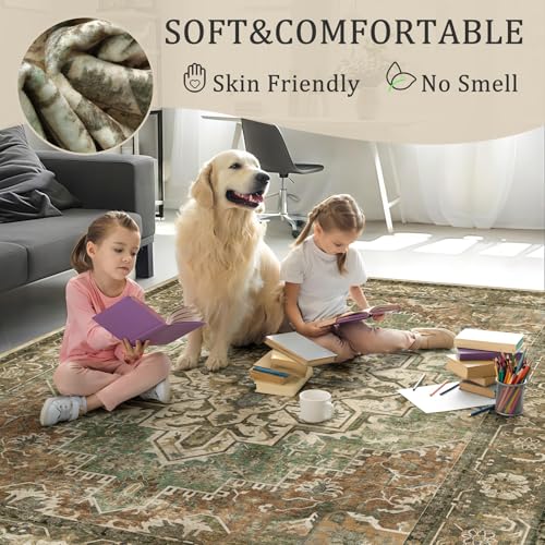 Sage Green 8x10 Area Rug - Non-Slip Floral Living Room & Bedroom Carpet