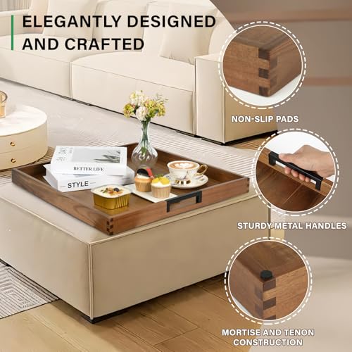 Joy&Grace Large Natural Acacia Wood Ottoman Tray with Metal Handles 22x22 inches