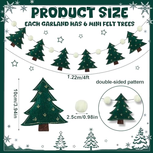 Christmas Garland with Felt Green Pine Trees & Wool Pompoms - 2 Pack