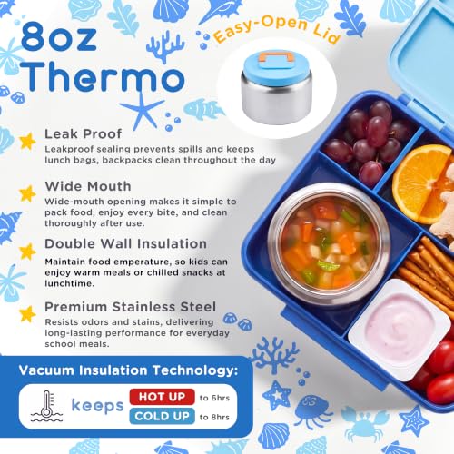 PIQUEBAR Blue Bento Lunch Box for Kids with 8oz Soup Thermos & Leak-Proof Container