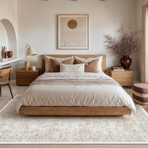 Vintage Beige & Grey 8x10 Washable Non-Slip Area Rug - Low Pile, Medallion Pattern