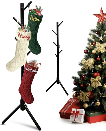 Black Freestanding Christmas Stocking Holder Stand, 8-Hook Wooden Tree