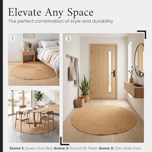 SpoiledHome 5ft Round Natural Jute Area Rug with Non-Slip Backing, Eco-Friendly Farmhouse Decor