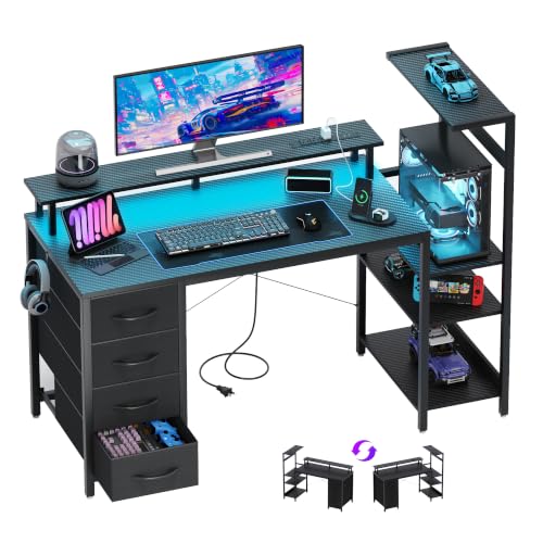 51 Inch Gaming Desk with Drawers & PC Tower Stand LED Lights, Black