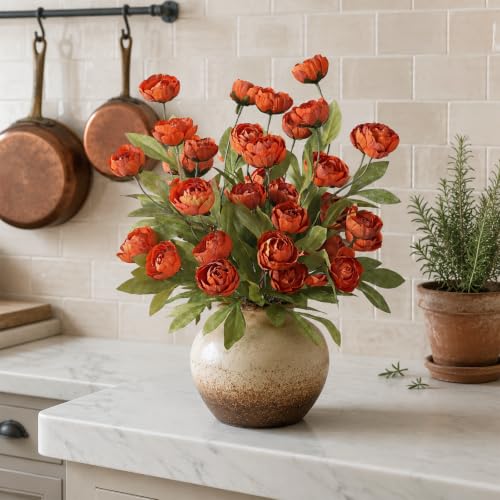 Orange Faux Silk Peony Flower Stems - 12 Pieces, 27-Inch Fall Decor