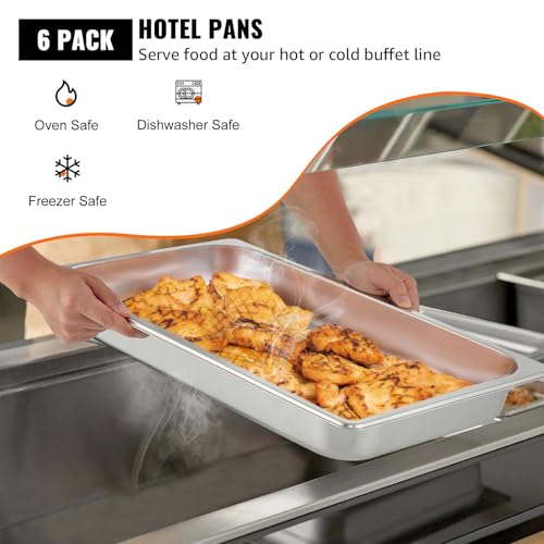 VEVOR 6 Pack Full Size Stainless Steel Hotel Pans, 2.5 inch Deep