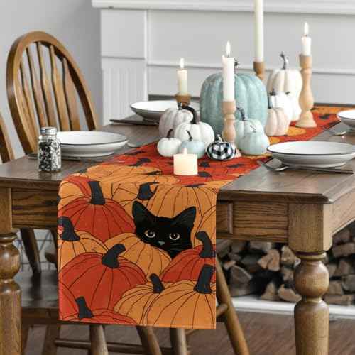 Artoid Mode Pumpkins Black Cat Fall Table Runner, Seasonal Autumn Kitchen Dining Table Decoration for Home Party Decor 13x48 Inch